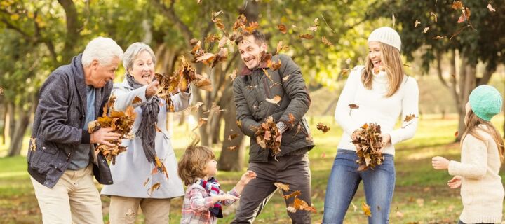 Auf dem Bild sind Großeltern, Eltern und zwei Kinder zu sehen, die bei gutem Herbstwetter mit Blättern spielen